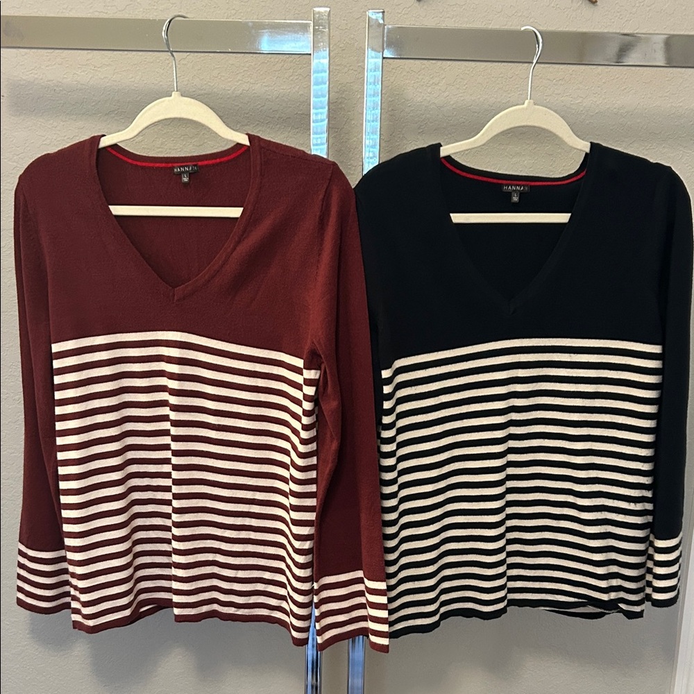 Hannah Burgundy & Black Cream Striped V-Neck Sweater